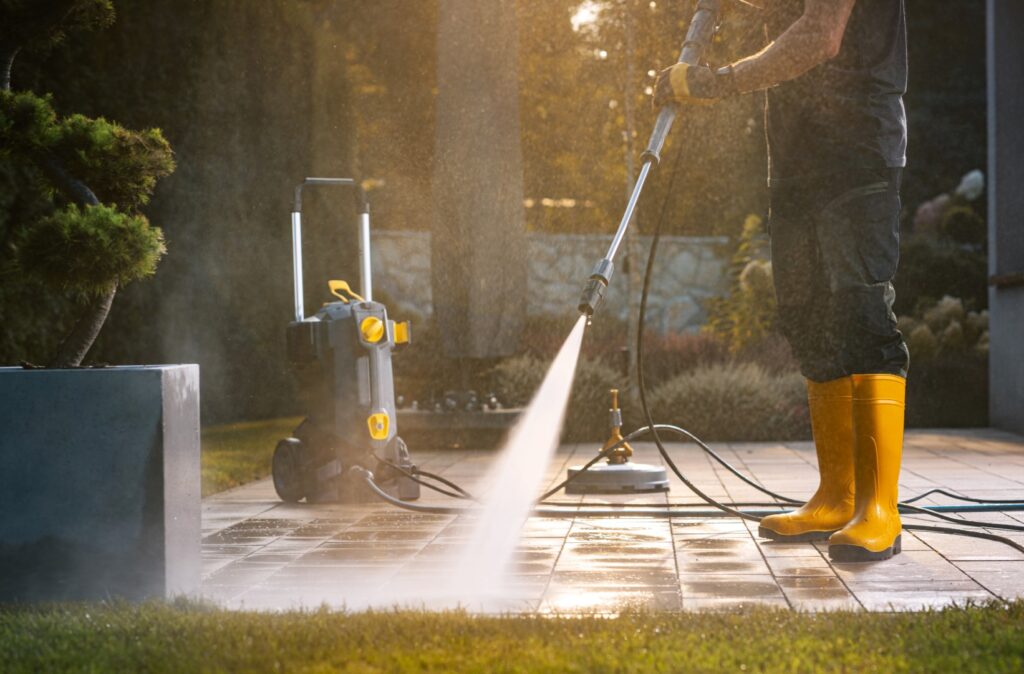 A worker in yellow boots uses a pressure washer to clean a patio area under bright sunlight, showcasing effective outdoor maintenance.